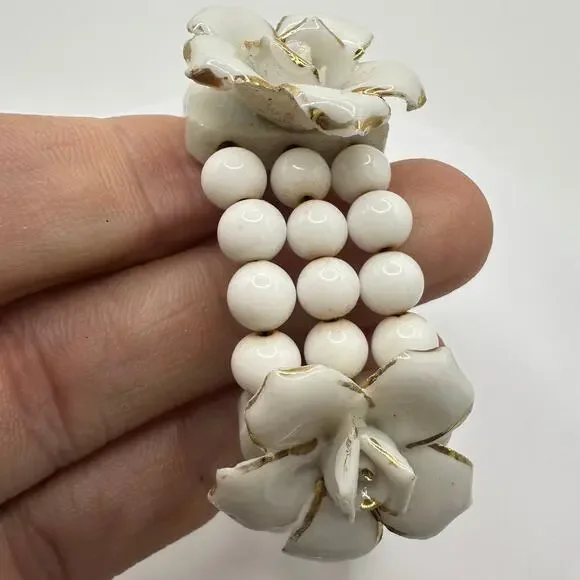 Vintage Japanese porcelain white milk glass beads beaded wrap cuff bracelet - Picture 4 of 12